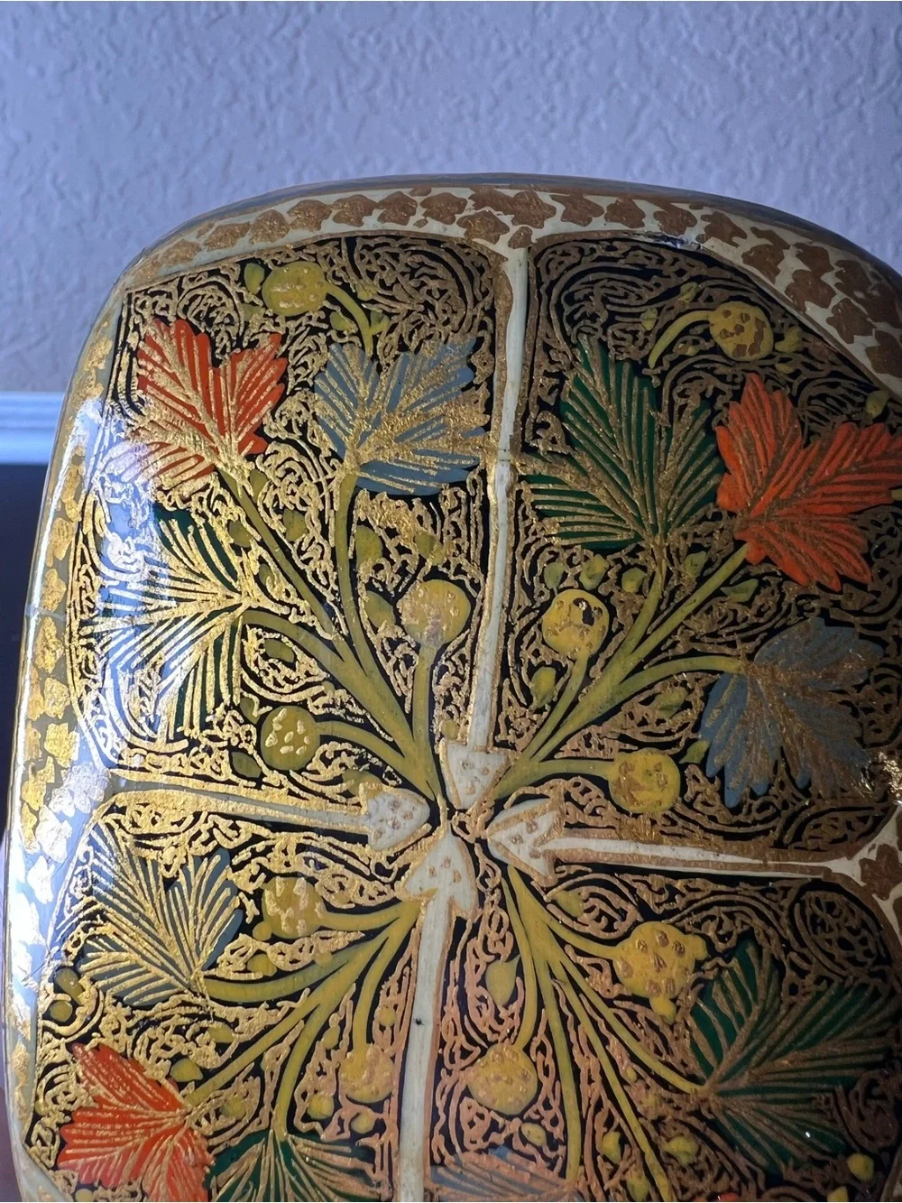 Vintage 1970s Kashmiri Papier Mâché Jewelry Box Domed Lid Gold Floral Trinket
